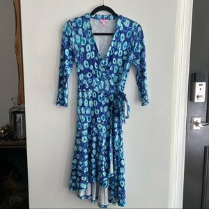 Lilly Pulitzer Blue Turquoise Green Peacock Animal Print Wrap Dress Sz XS